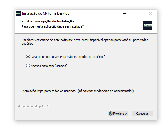 Instalador do MyFome escolhendo o usuário