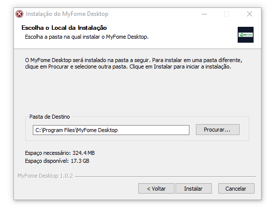 Instalador do MyFome escolhendo pasta