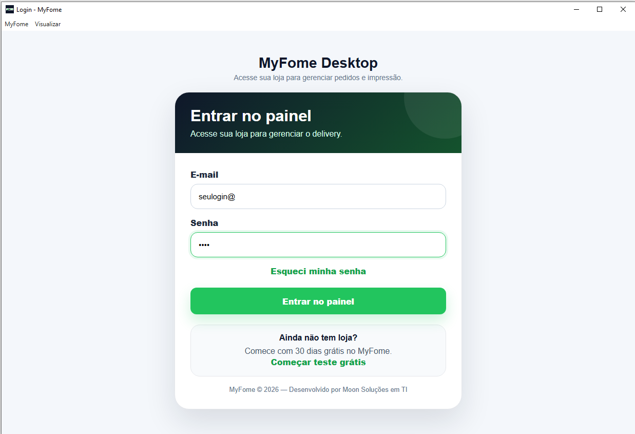 Painel do lojista dentro do MyFome Desktop