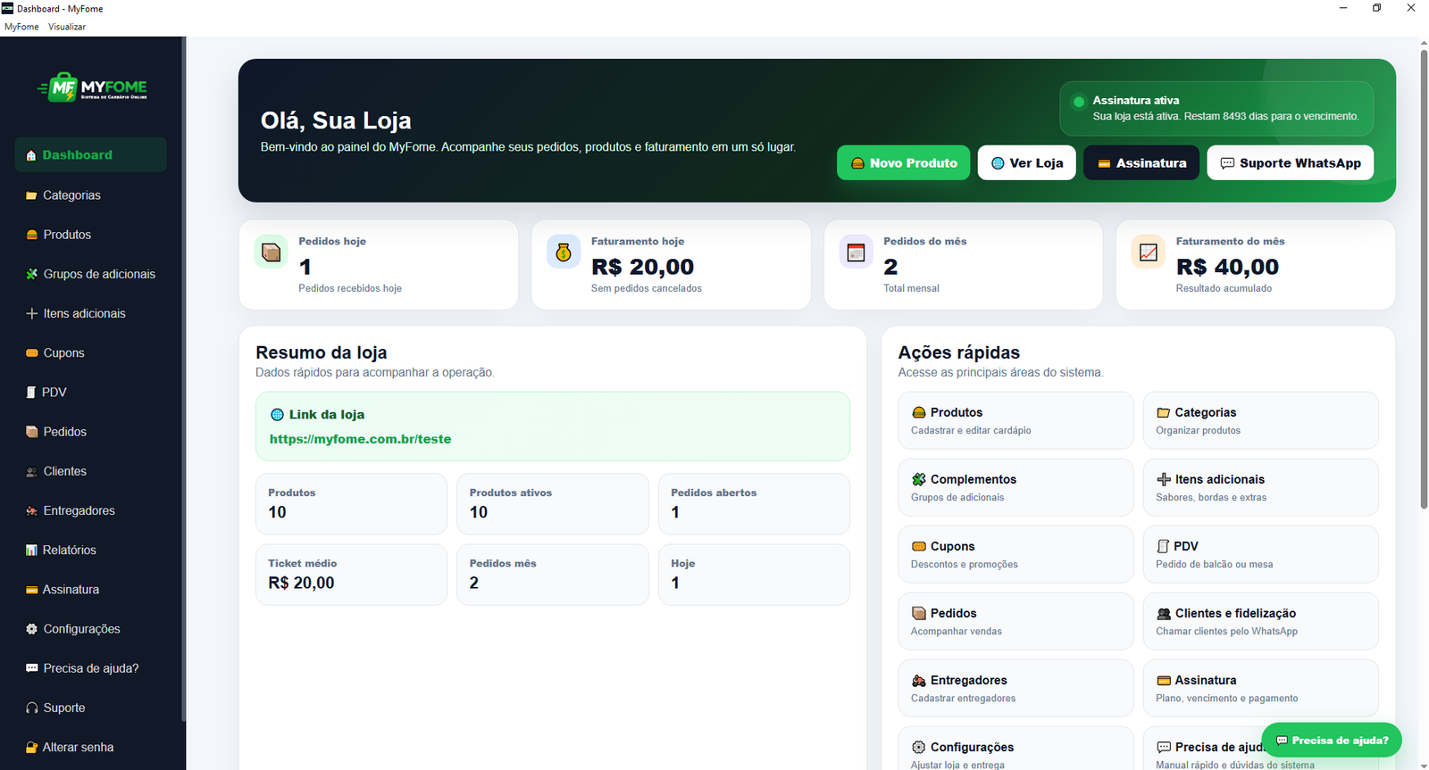 Menu do MyFome Desktop com PDV e pedidos