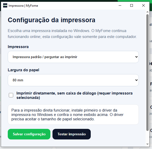 Configuração de impressora no MyFome Desktop